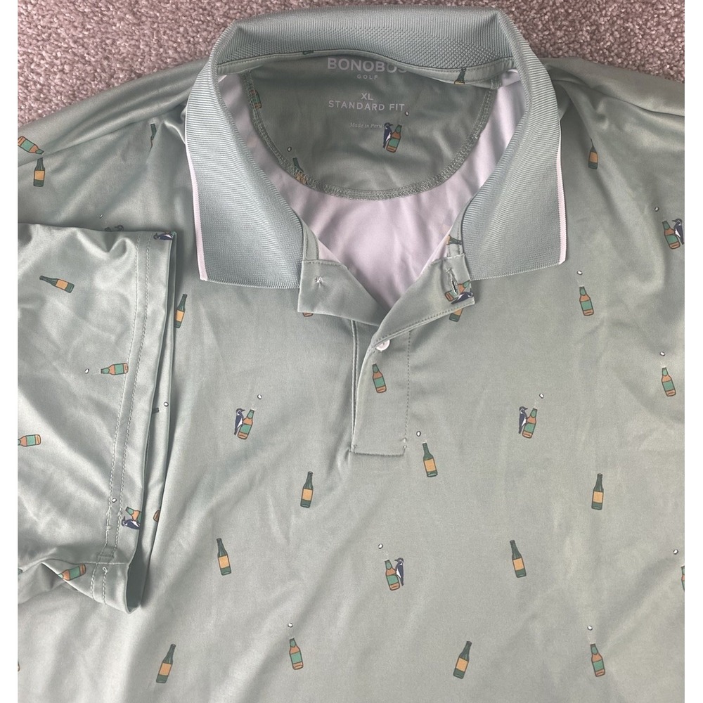 Bonobos Green Golf Polo Shirt Bird Opening Beer Bottle Print Performance Mens XL